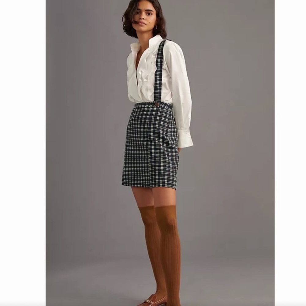 Anthropologie Maeve green plaid pinafore skirt size 2 with side zipper retro